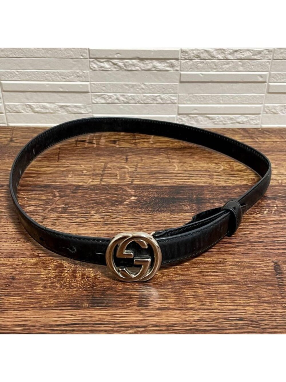 Gucci GG Interlocking Buckle Leather Belt Silver Black - Picture 3 of 10